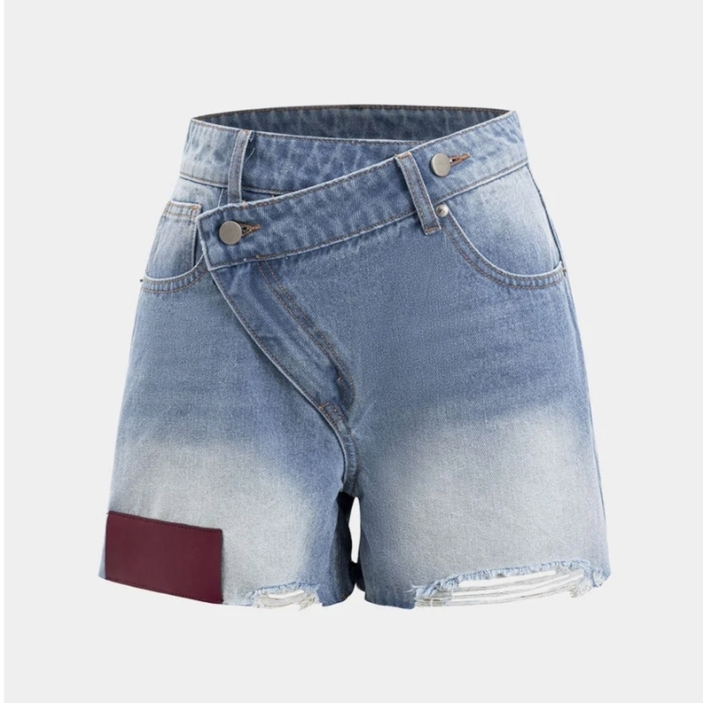 NWT Micas Denim Asymmetrical Button Pocket Ripped Shorts, XL